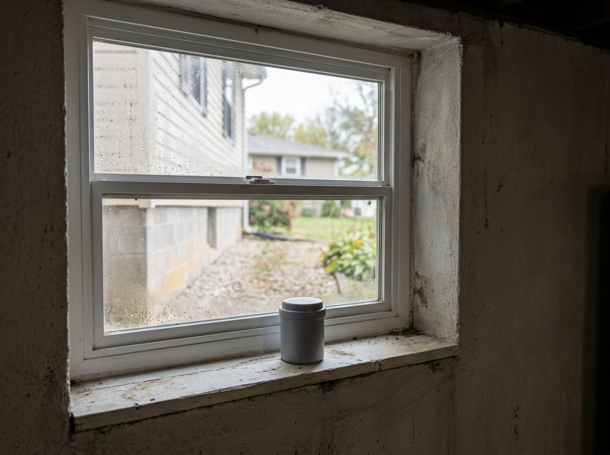 a basement window with condensation and a visible radon testing kit placed on the sill in a home in Breckinridge County — Leitchfield, KY