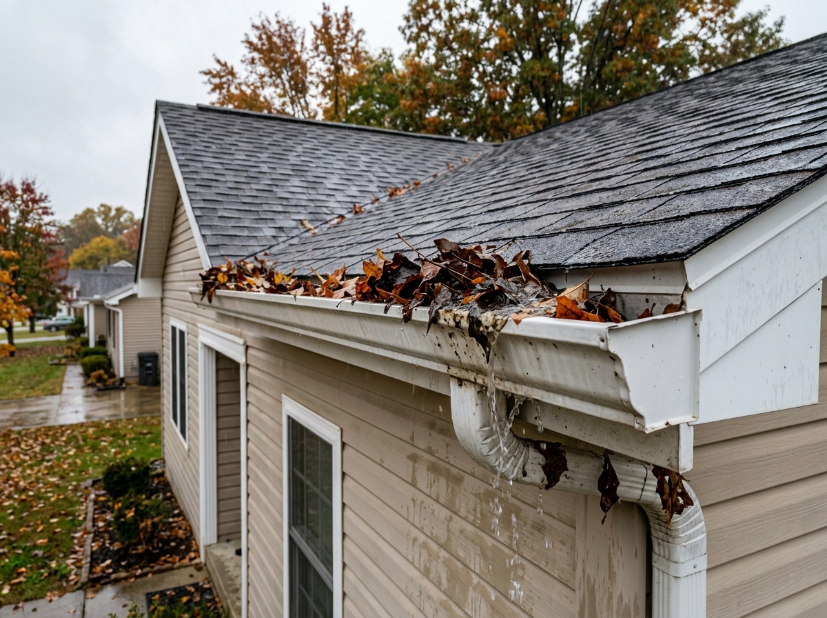 a clogged gutter overflowing in autumn rain on a two‑story suburban home in Grayson County — Leitchfield, KY