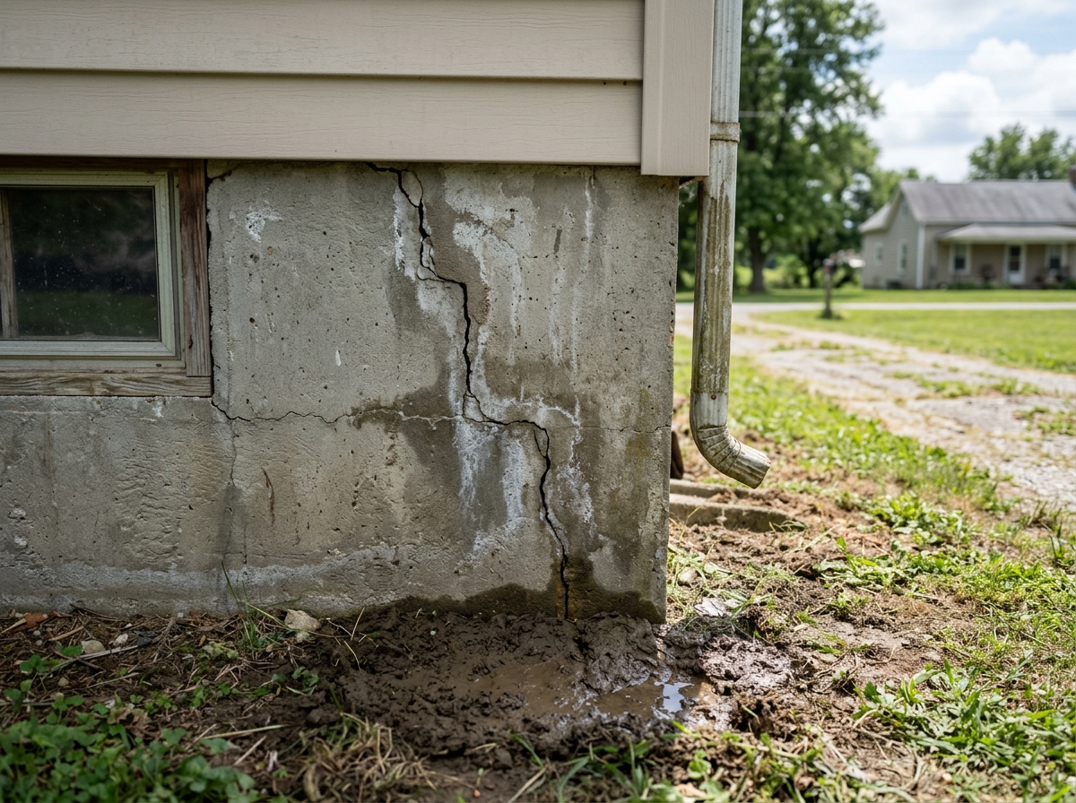 a cracked foundation wall with visible moisture in a rural home near Leitchfield, showing a small patch of damp soil against the concrete — Leitchfield, KY