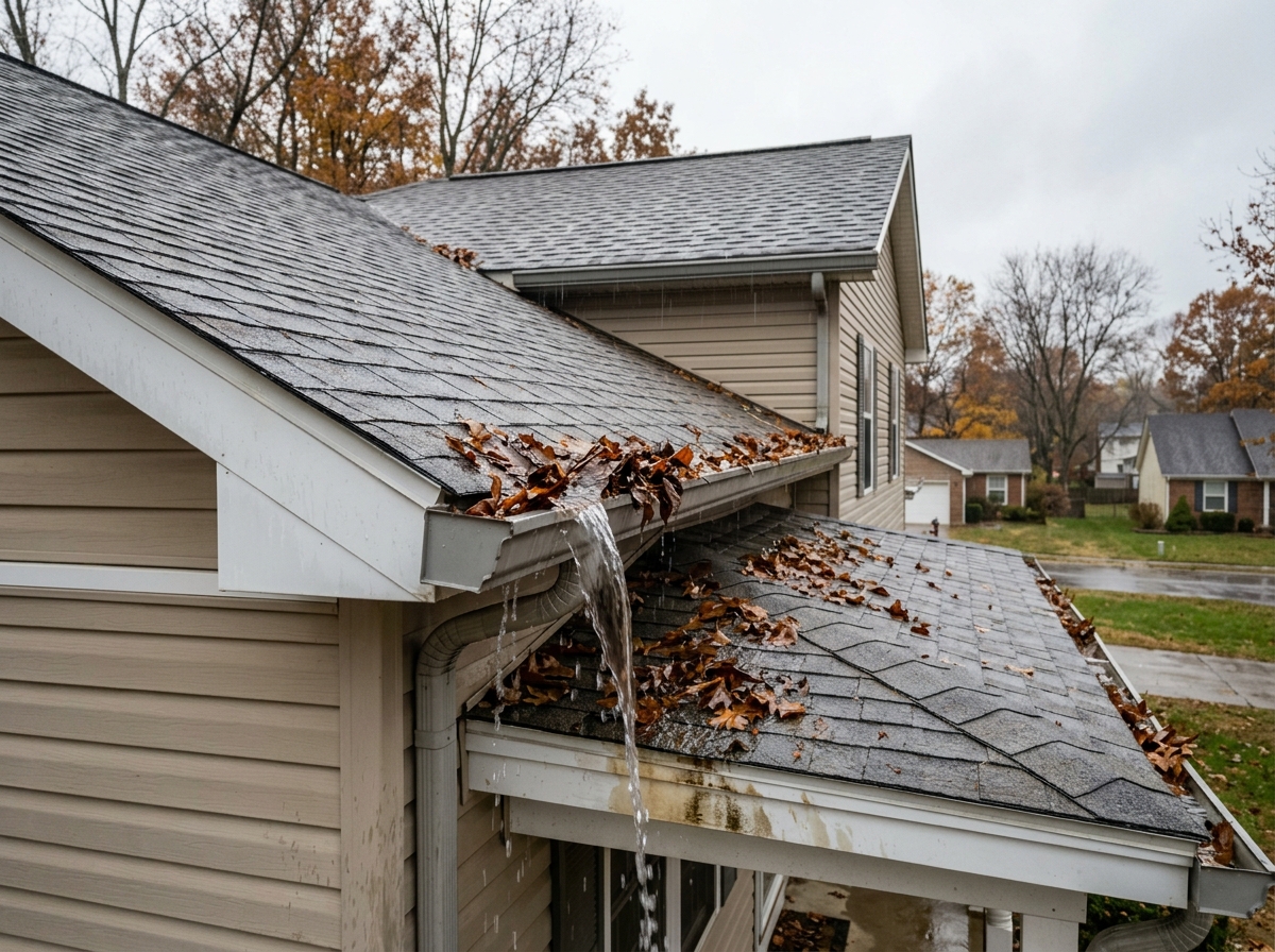 a clogged gutter overflowing in autumn rain on a two‑story suburban home in Grayson County, water spilling onto the porch roof — Leitchfield, KY