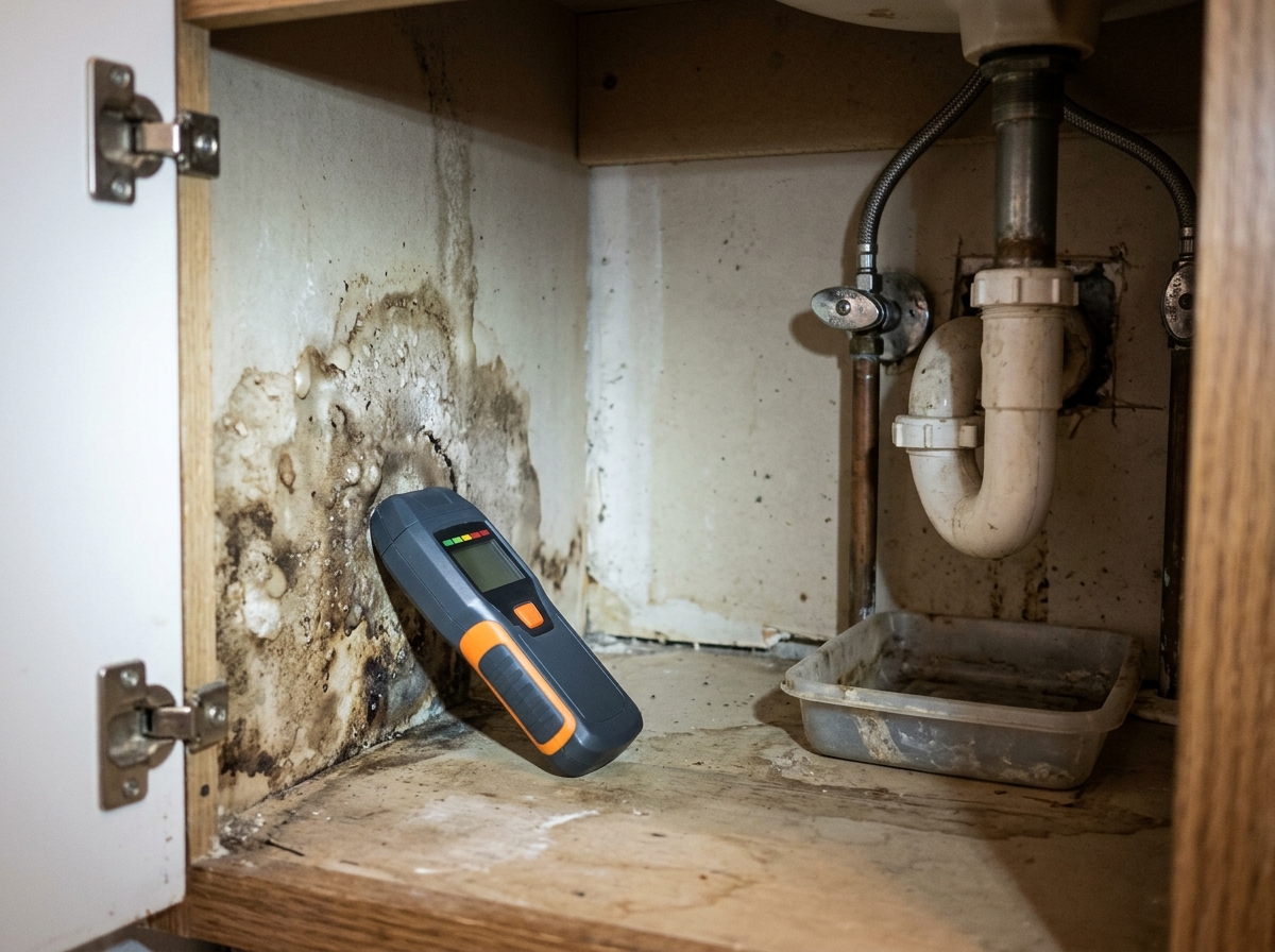 A moisture meter pressed against a stained drywall corner beneath a bathroom sink, with a small drip pan and shutoff valve visible nearby — Temecula, California
