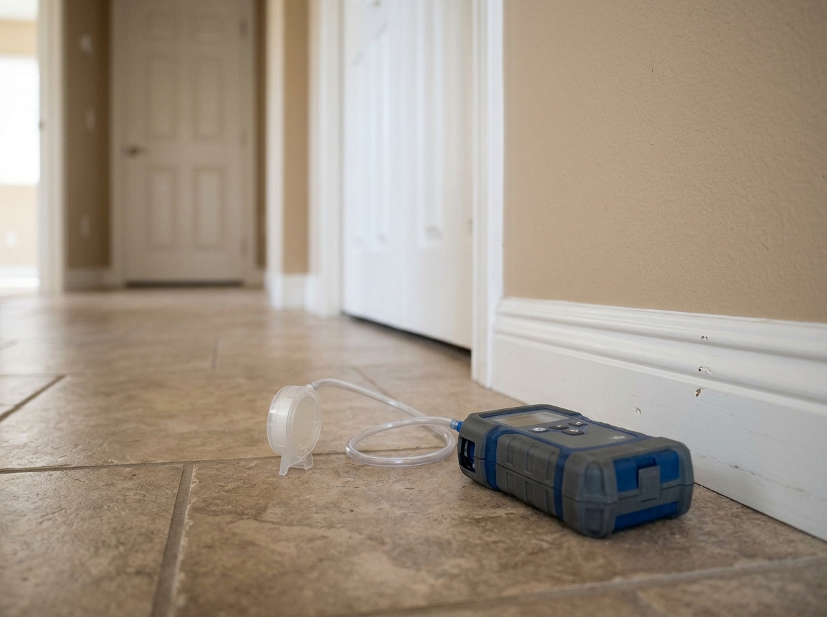 An air sampling cassette and pump sitting on a tile floor beside a baseboard in a suburban hallway, with a closed interior door in the background — Temecula, Ca