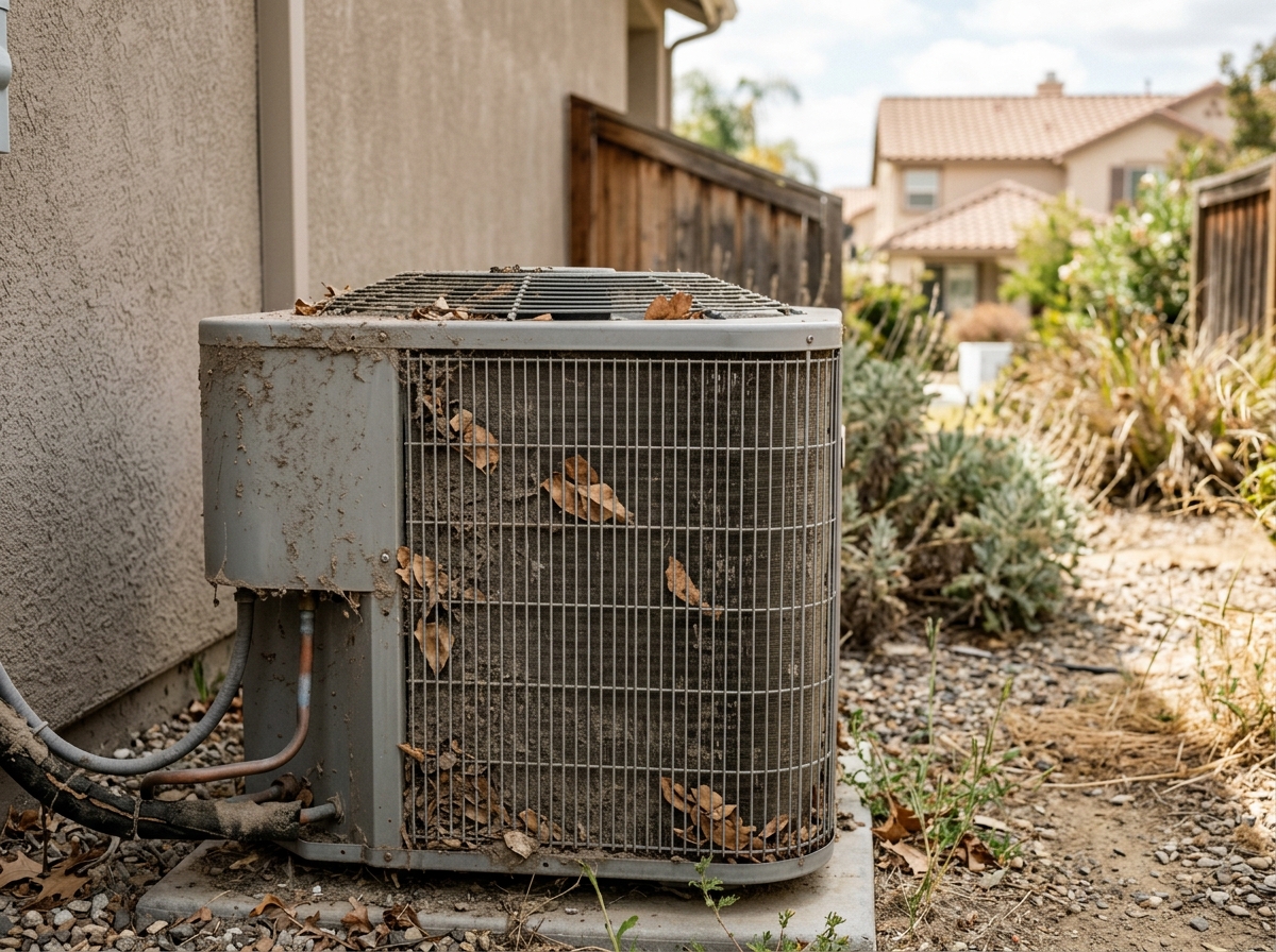 A close-up of a metal HVAC condenser unit covered in a thick layer of grey desert dust and dry leaves in a suburban backyard. — Temecula, California
