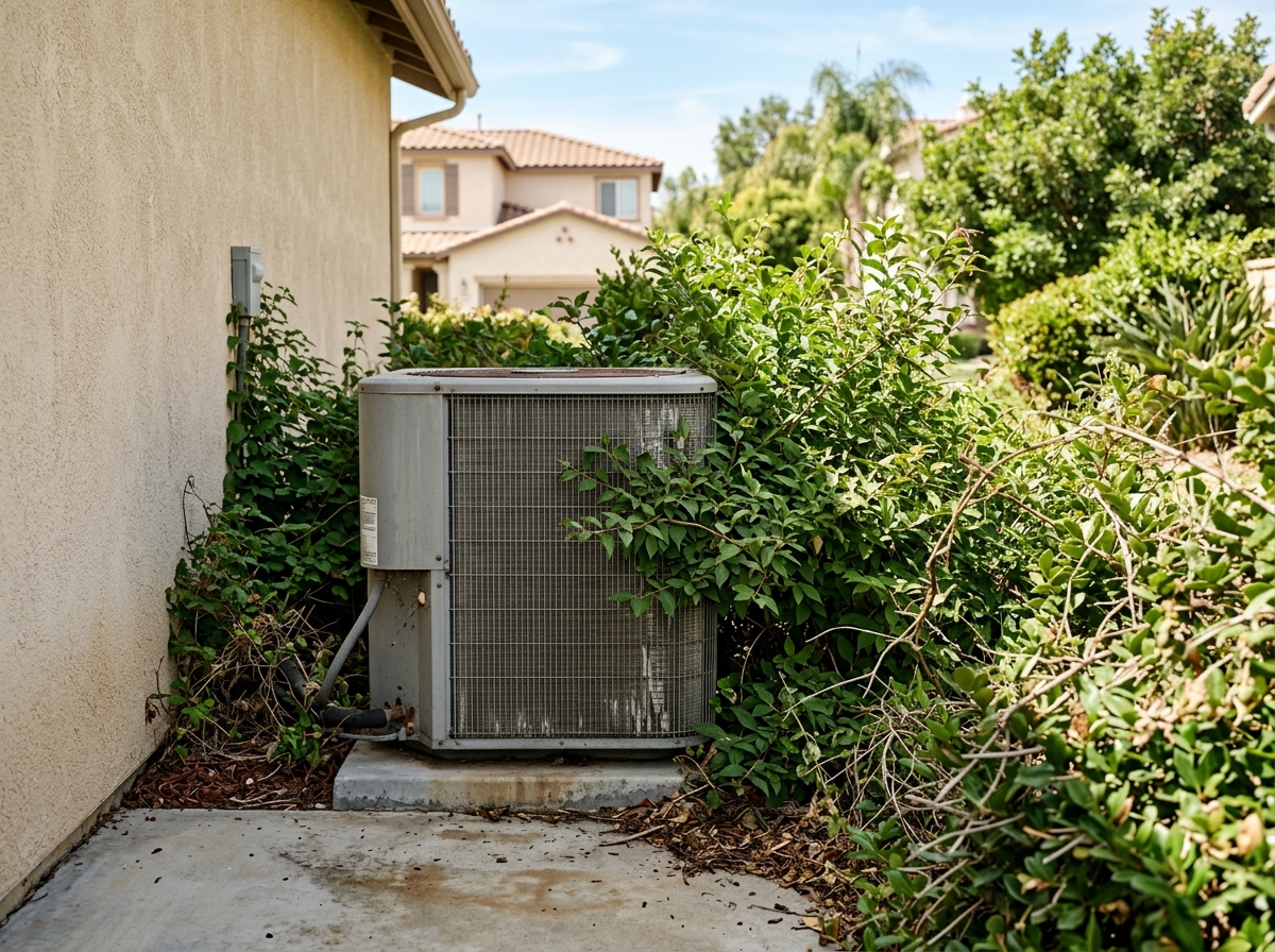 An outdoor air conditioning unit sitting on a concrete pad with overgrown shrubbery touching the metal fins on a sunny afternoon. — Temecula, California