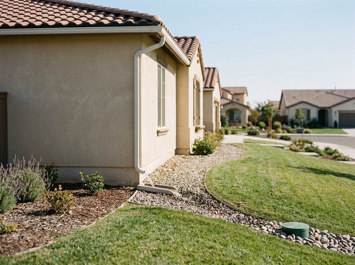 a homeowner’s yard showing a gently sloping lawn with a French drain and a downspout discharging water away from the house foundation in Temecula — Temecula, Ca