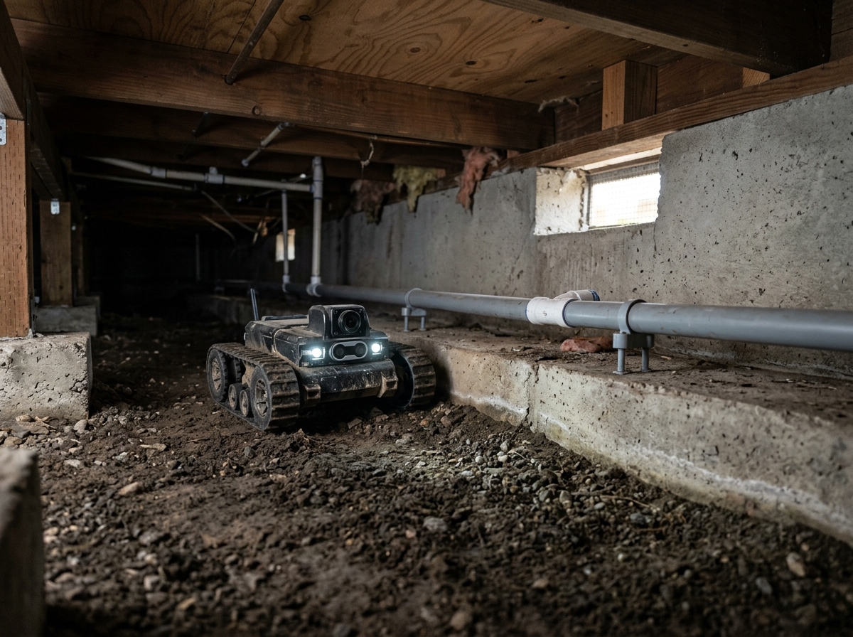 a CrawlBot robot navigating a dark crawlspace under a suburban home in Riverside, with exposed concrete footings and a water pipe — Temecula, California