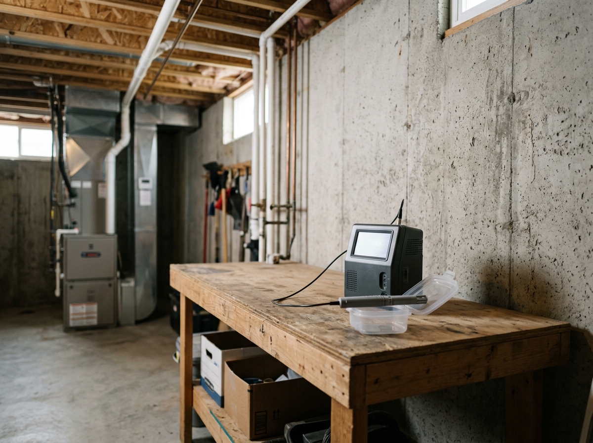 technician placing a radon test probe in the basement of a Temecula single-family home, with a small plastic container and a digital monitor on a workbench — Te