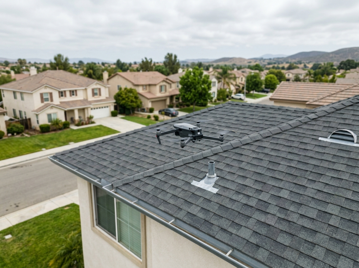 drone flying over a two-story suburban home in Temecula, capturing the roof’s shingles, flashing, and gutter line under a cloudy sky — Temecula, California