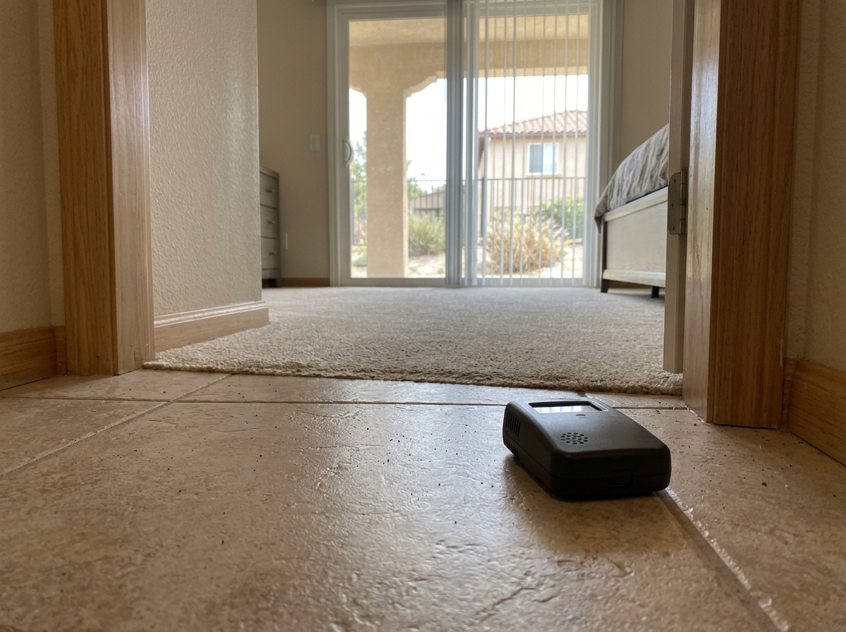 A small electronic radon monitor sitting on a tile floor in the corner of a closed bedroom, with a sliding glass door and blinds visible in the background. — Te