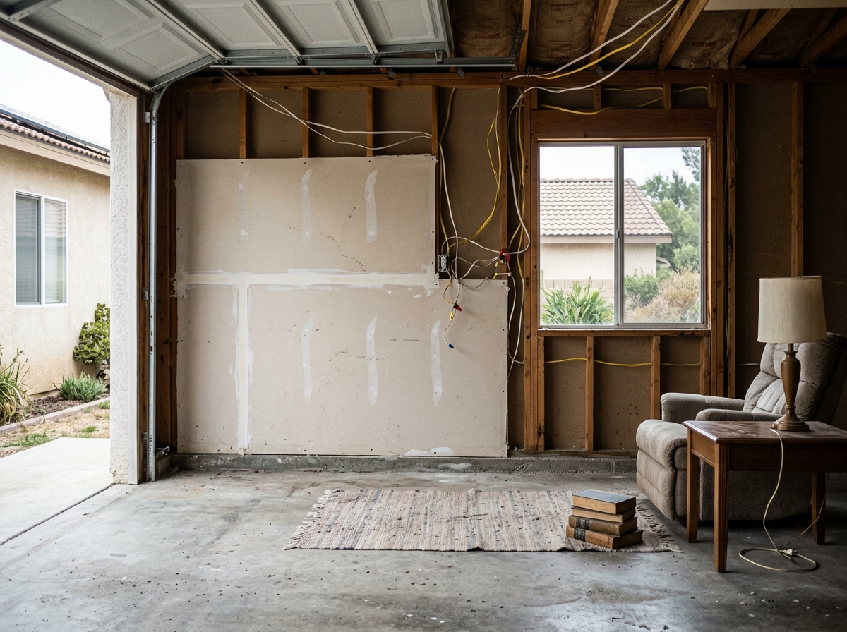interior view of a garage converted to a living space, showing exposed electrical wiring, a makeshift drywall wall, and a concrete floor with a small rug in a T