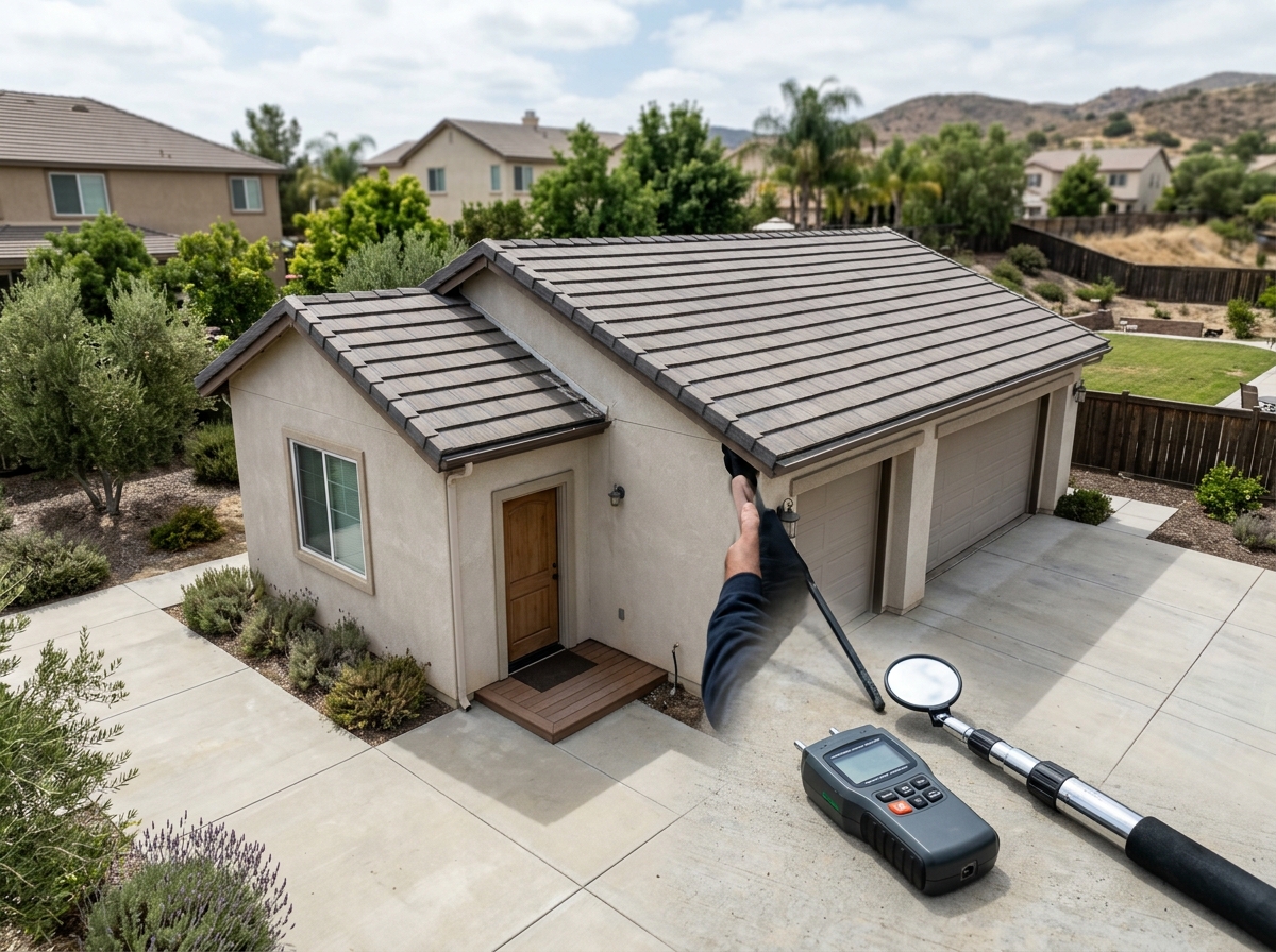 a detached two‑car garage with a small side addition that looks like a finished room, sitting on a suburban lot with a paved driveway and backyard in Temecula —