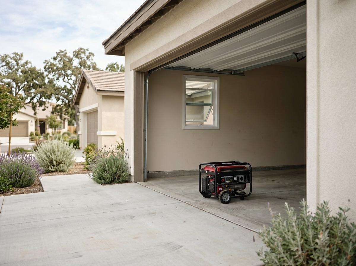 a residential garage door opened to reveal a portable gasoline generator sitting on a concrete slab, with the garage window partially closed, illustrating prope