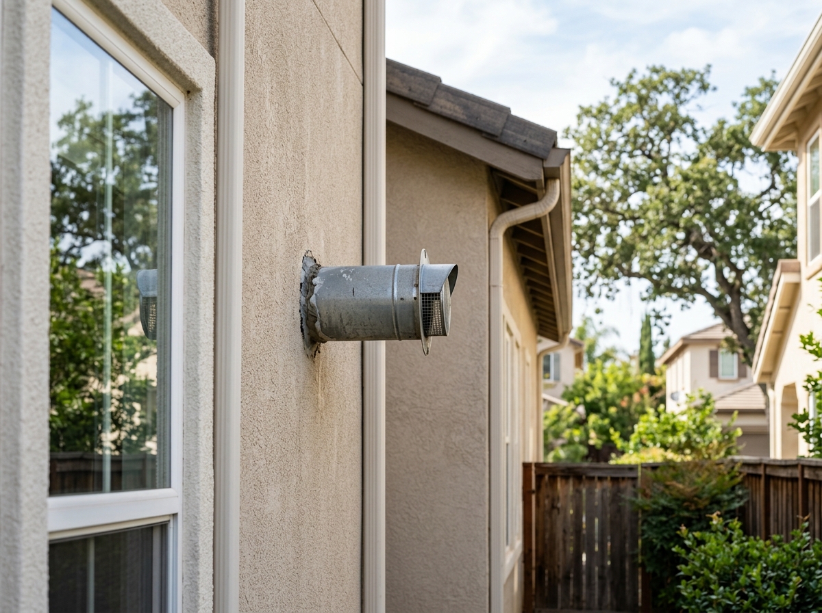 a close-up view of a gas furnace vent pipe exiting through the side of a two-story suburban home in Orange County, showing the vent termination and surrounding