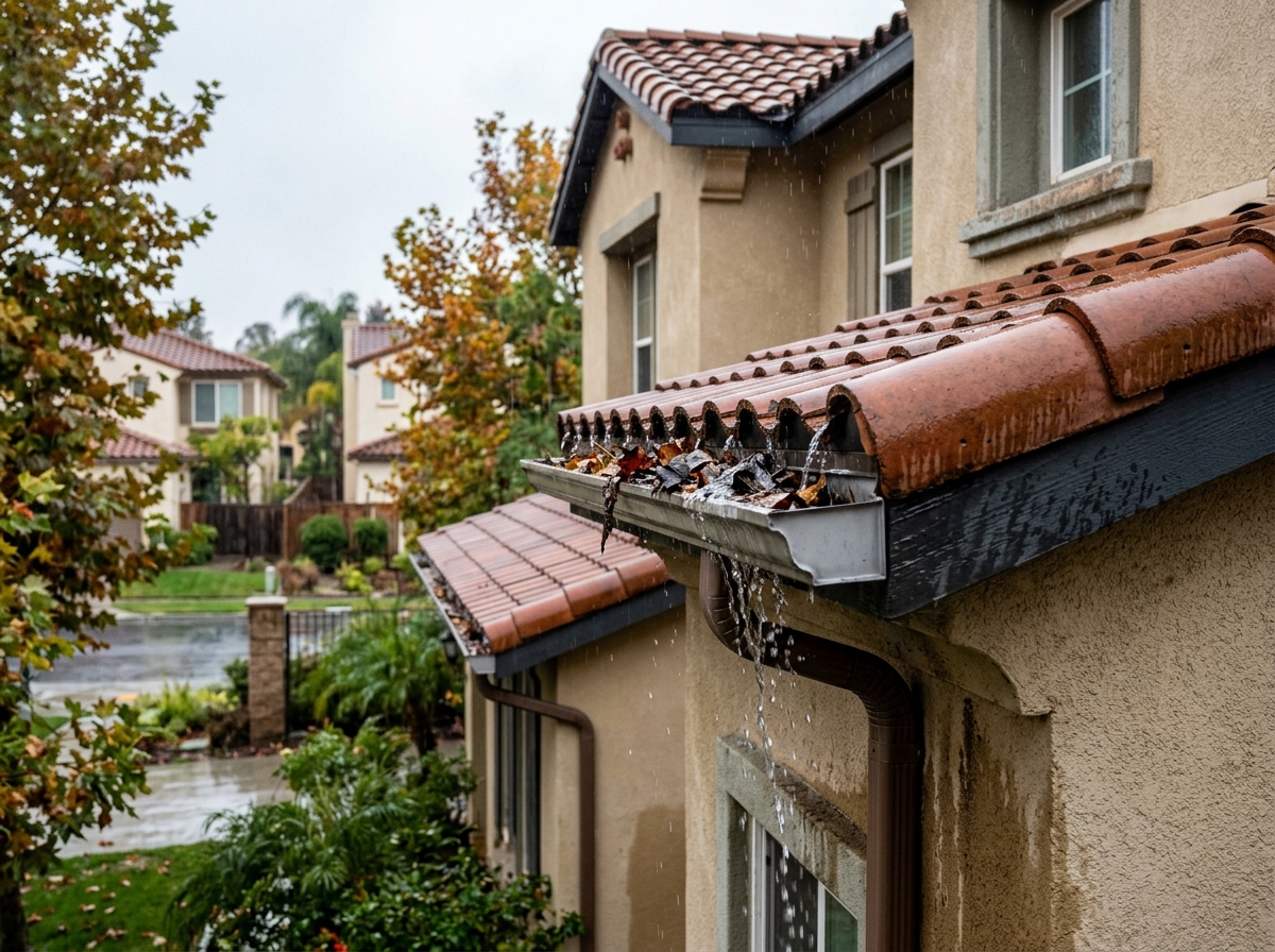 a clogged gutter overflowing in autumn rain on a two‑story suburban home in a Temecula neighborhood — Temecula, California