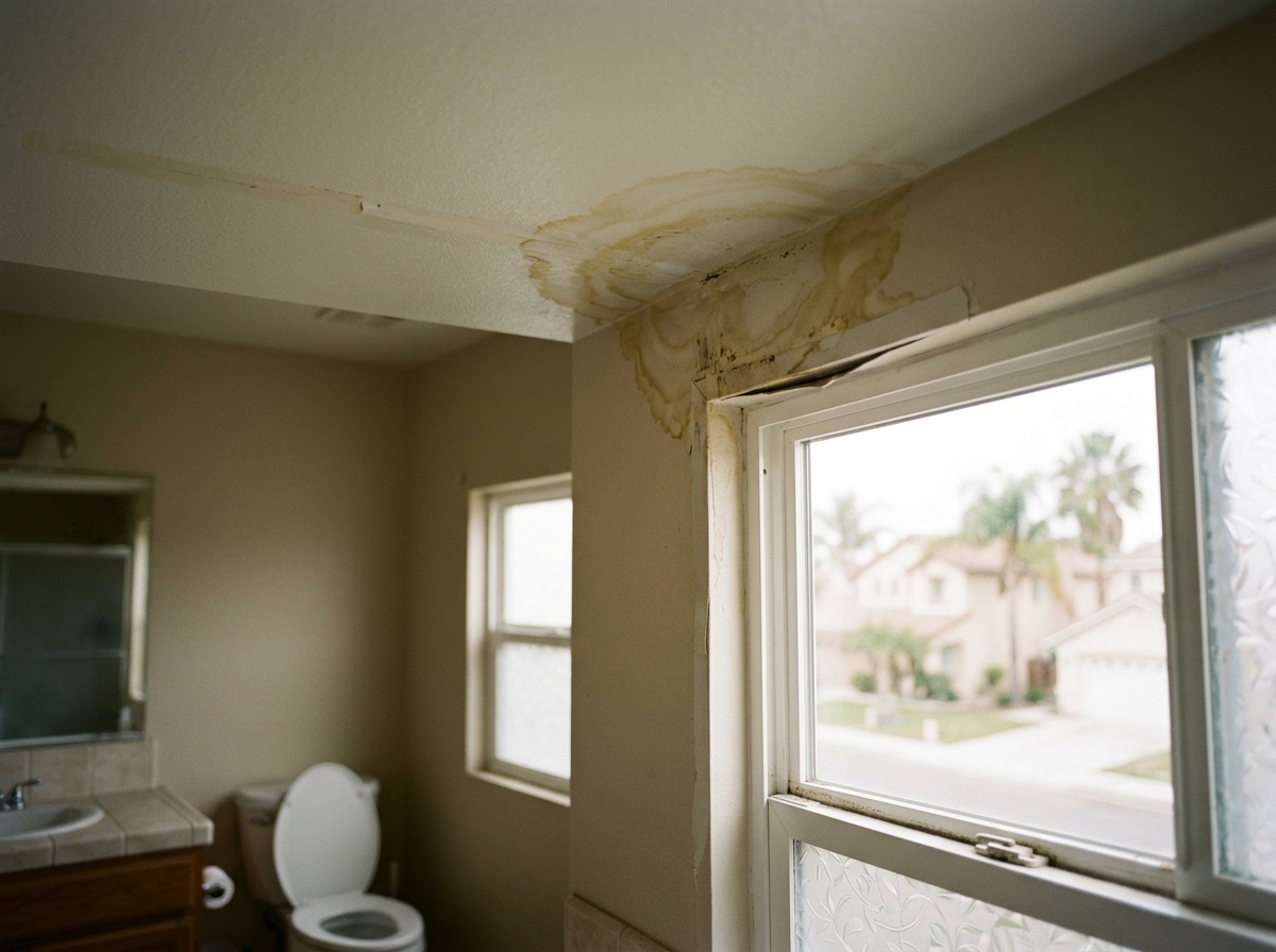 a water stain on an interior ceiling near a bathroom window in a Riverside‑area home — Temecula, California