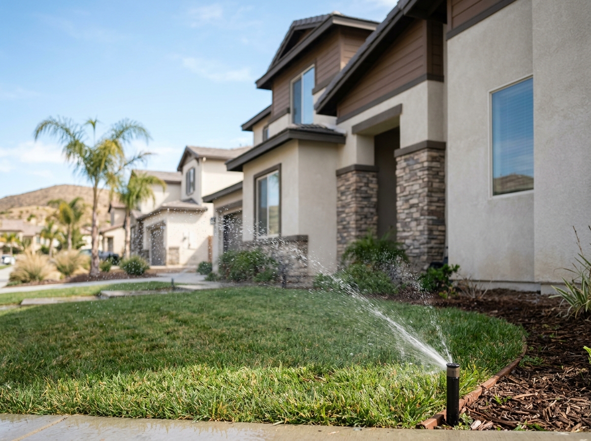 a modern two‑story home in a Temecula suburb with a garden sprinkler head spraying water under a clear sky — Temecula, California