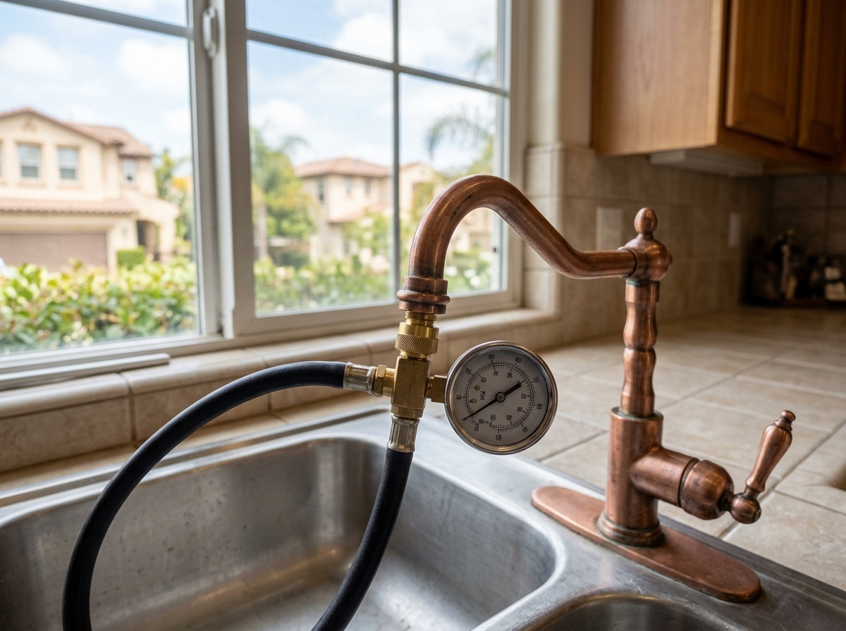 a handheld water pressure gauge clipped to a copper faucet on a kitchen sink in a Riverside home — Temecula, California