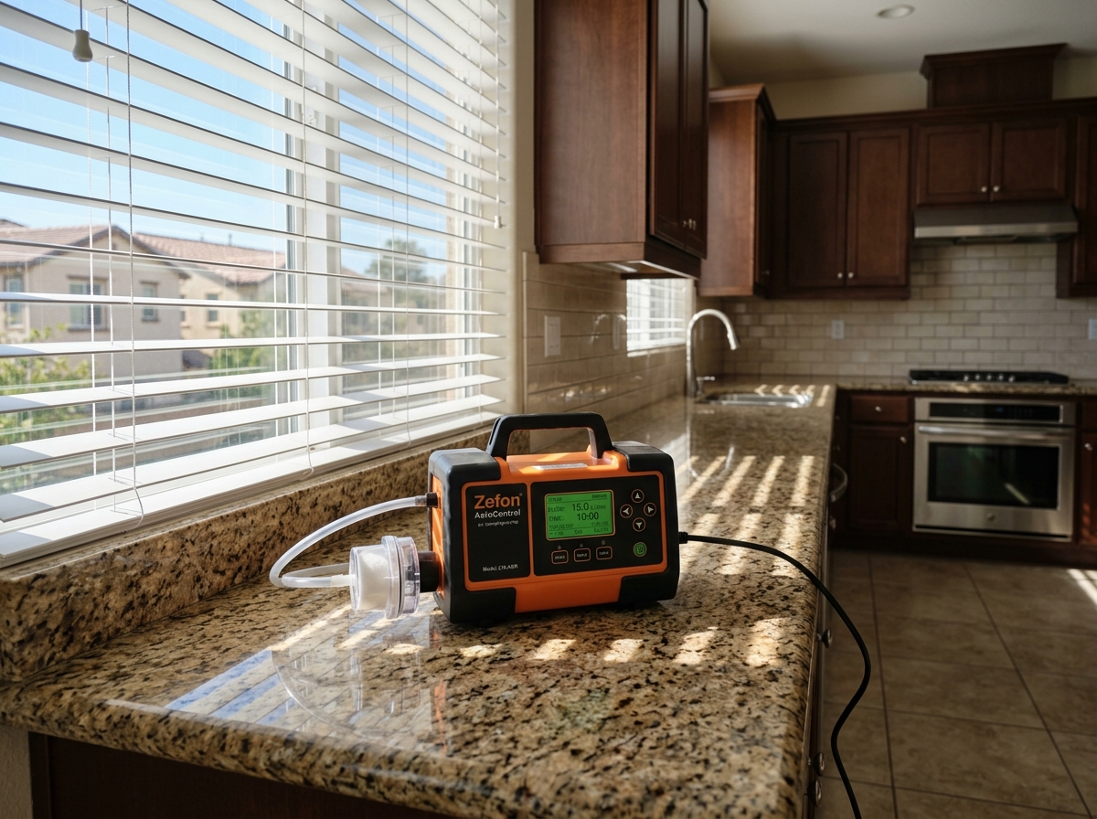 An air sampling pump sitting on a granite countertop in a vacant kitchen, with sunlight through blinds illuminating the device. — Temecula, California