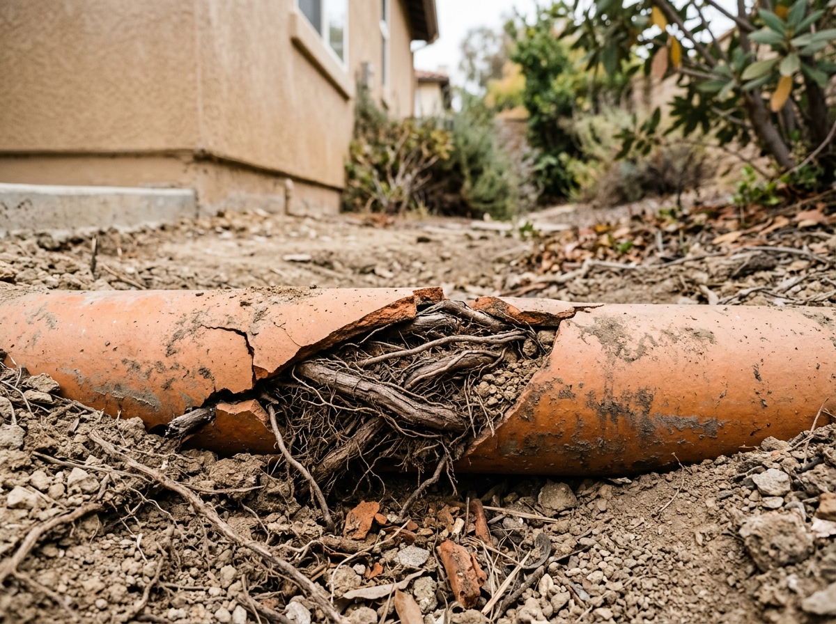 A close-up of an orange clay sewer pipe cracked open with thick, fibrous tree roots pushing through the fracture, embedded in dry, dusty soil typical of the Sou