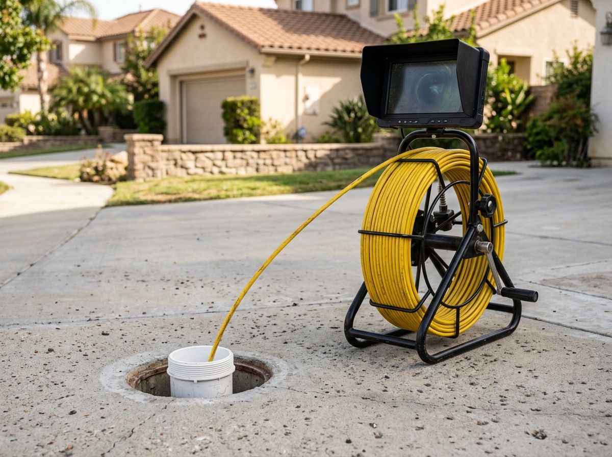 A sewer camera inspection unit with a long yellow cable spooled on a reel, positioned on a concrete driveway next to a white PVC pipe cleanout cap. — Temecula,