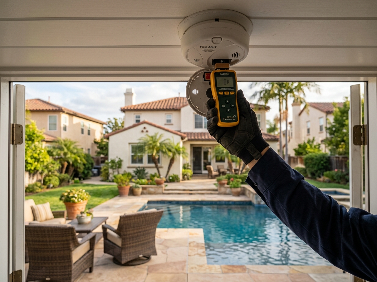 a handheld battery tester being used on a smoke detector near a pool house in an Anaheim neighborhood — Temecula, California