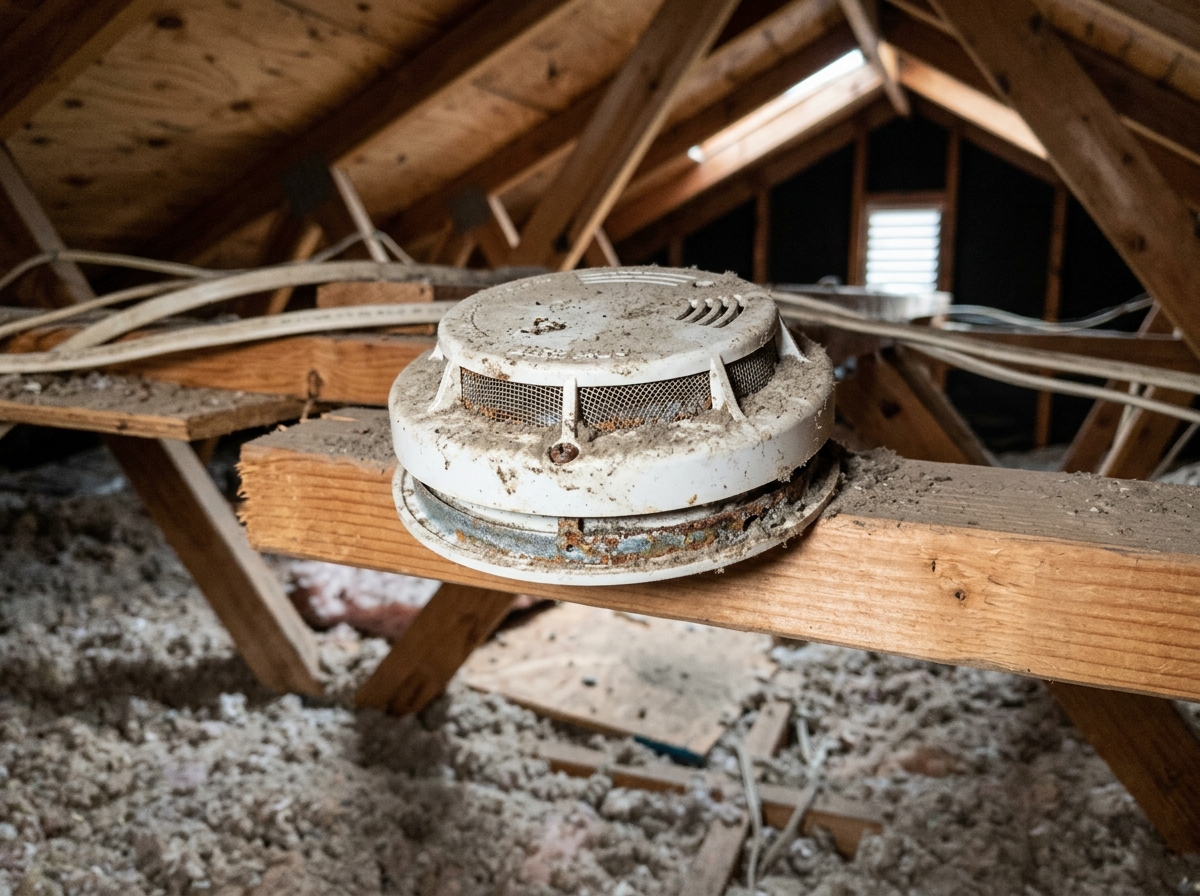 a ceiling‑mounted photoelectric smoke detector covered in dust and a small amount of corrosion on a two‑story suburban home in Temecula — Temecula, California