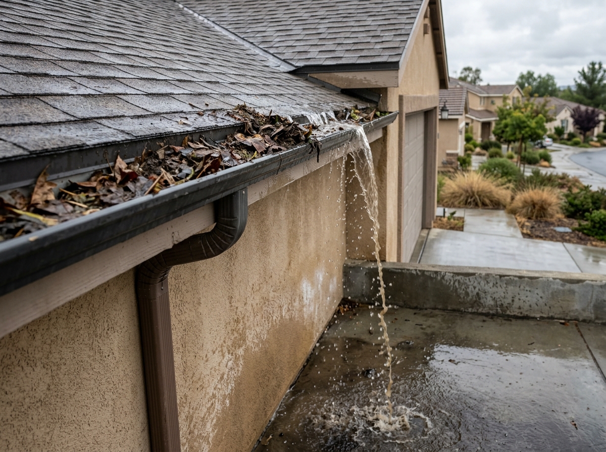 a clogged residential gutter overflowing onto a concrete patio of a single‑family home, water spilling onto the foundation wall — Temecula, California