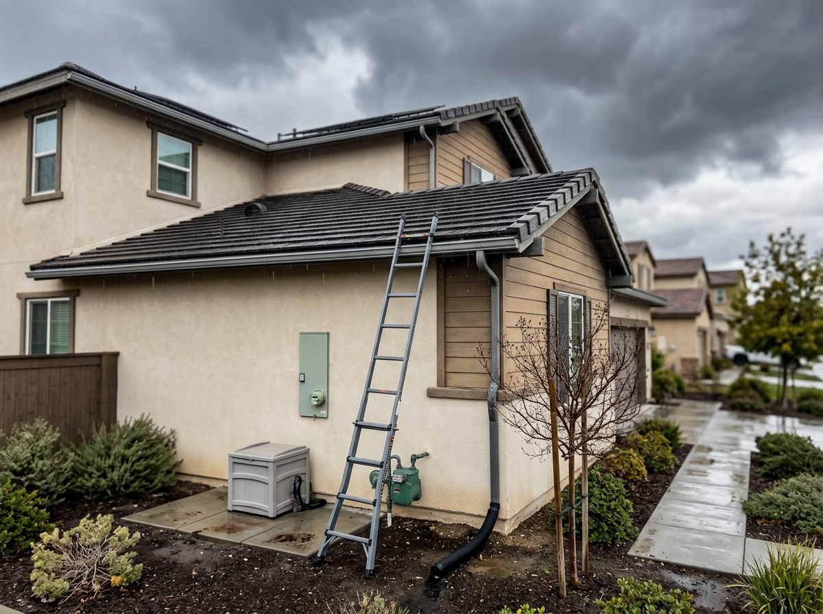 a two‑story suburban home in the San Diego suburbs with dark storm clouds gathering over the roof and rain beginning to fall on the shingles — Temecula, Califor