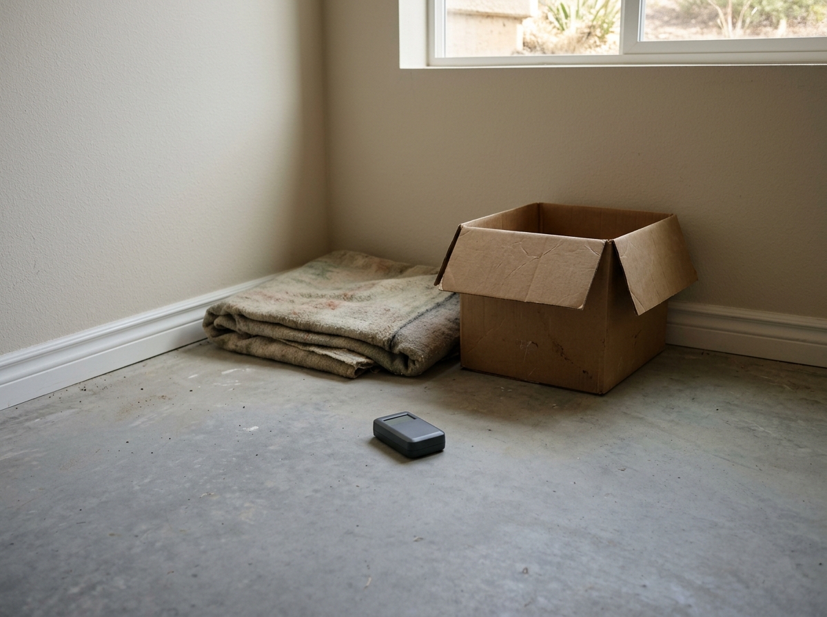 A small electronic radon monitor sitting on a concrete slab floor in the corner of a finished basement room, with a folded blanket and cardboard storage box nea
