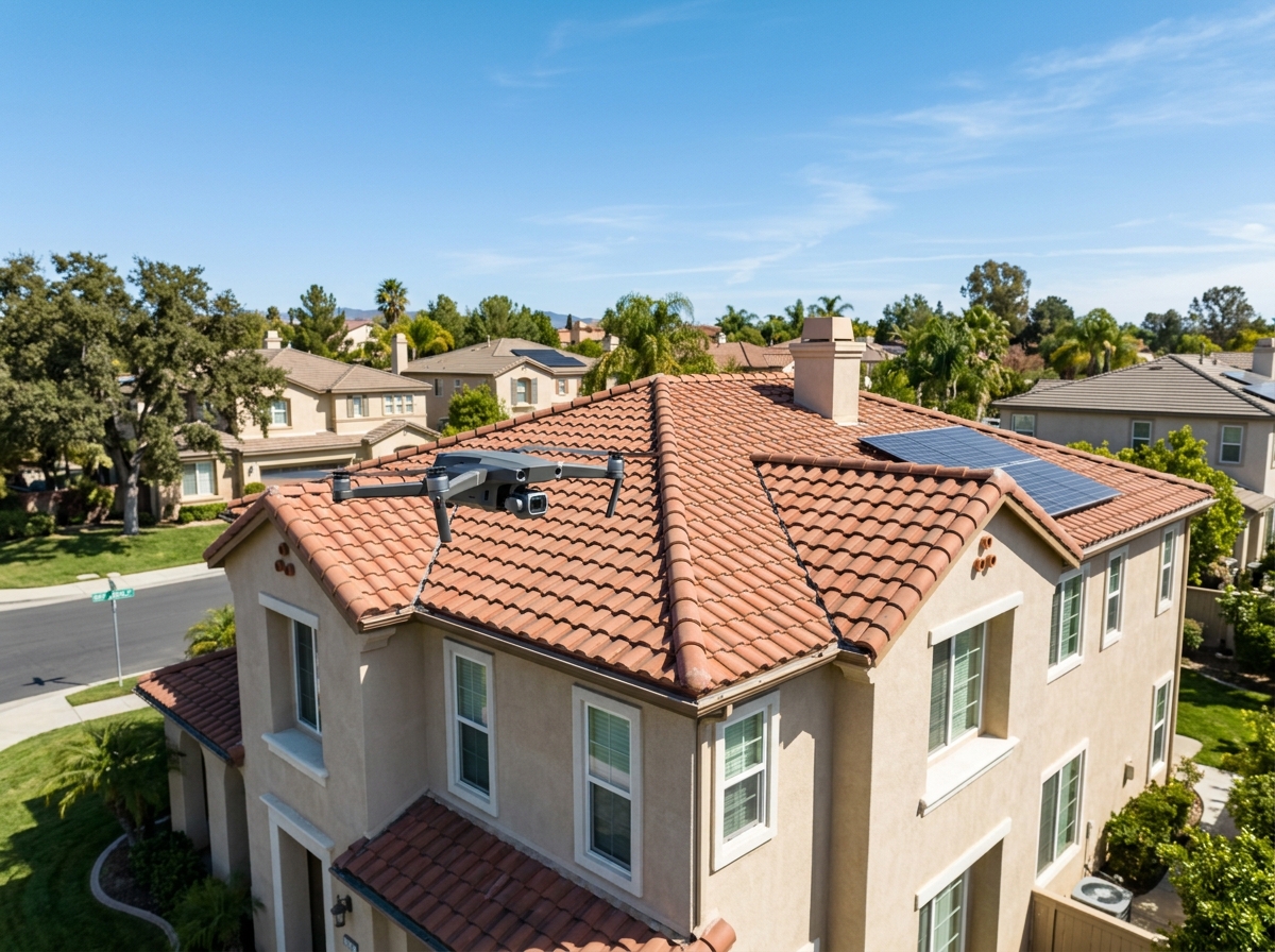A camera drone hovering in mid-air near the red clay tile roof of a two-story stucco home in a suburban neighborhood under a clear blue sky. — Temecula, Califor