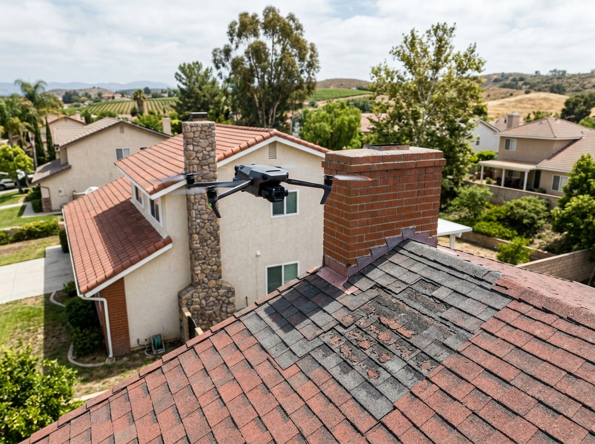 a drone hovering over a two‑story ranch‑style home in a Temecula neighborhood, capturing a close‑up of missing shingle granules near the chimney — Temecula, Cal