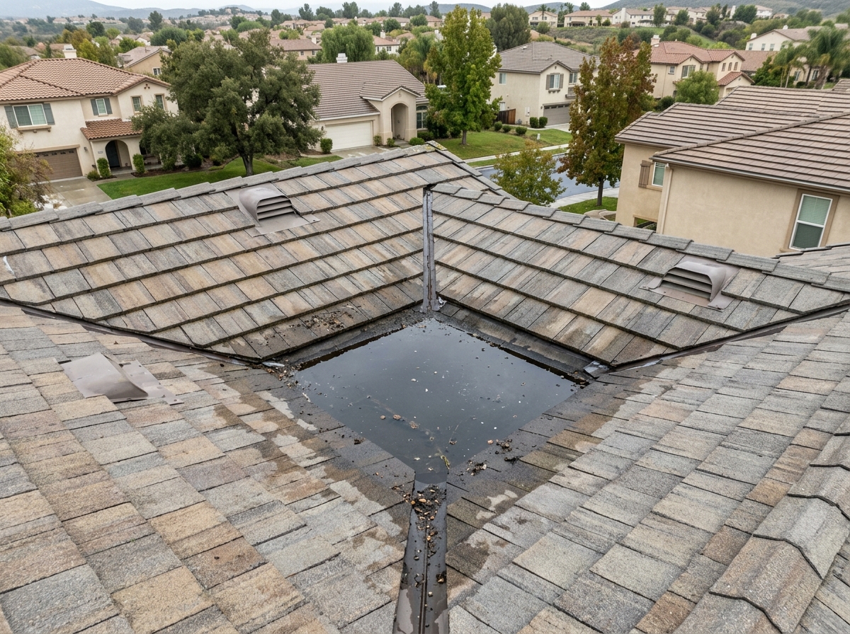 a close‑up view from a drone of a residential roof in an Orange County neighborhood, showing water pooling in a valley after a light rain — Temecula, California