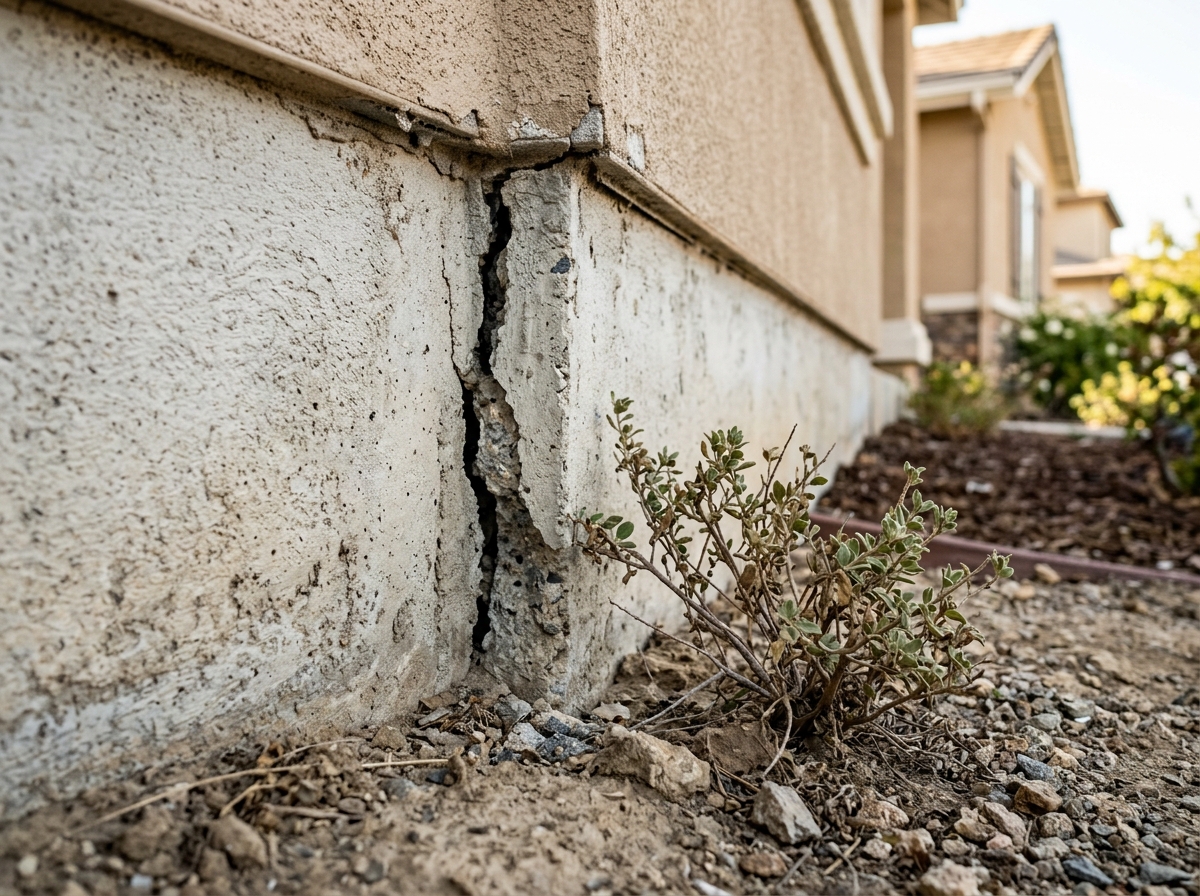a close‑up of a cracked concrete foundation wall of a single‑family home in a Temecula suburb, with dry soil and a small shrub in the foreground — Temecula, Cal