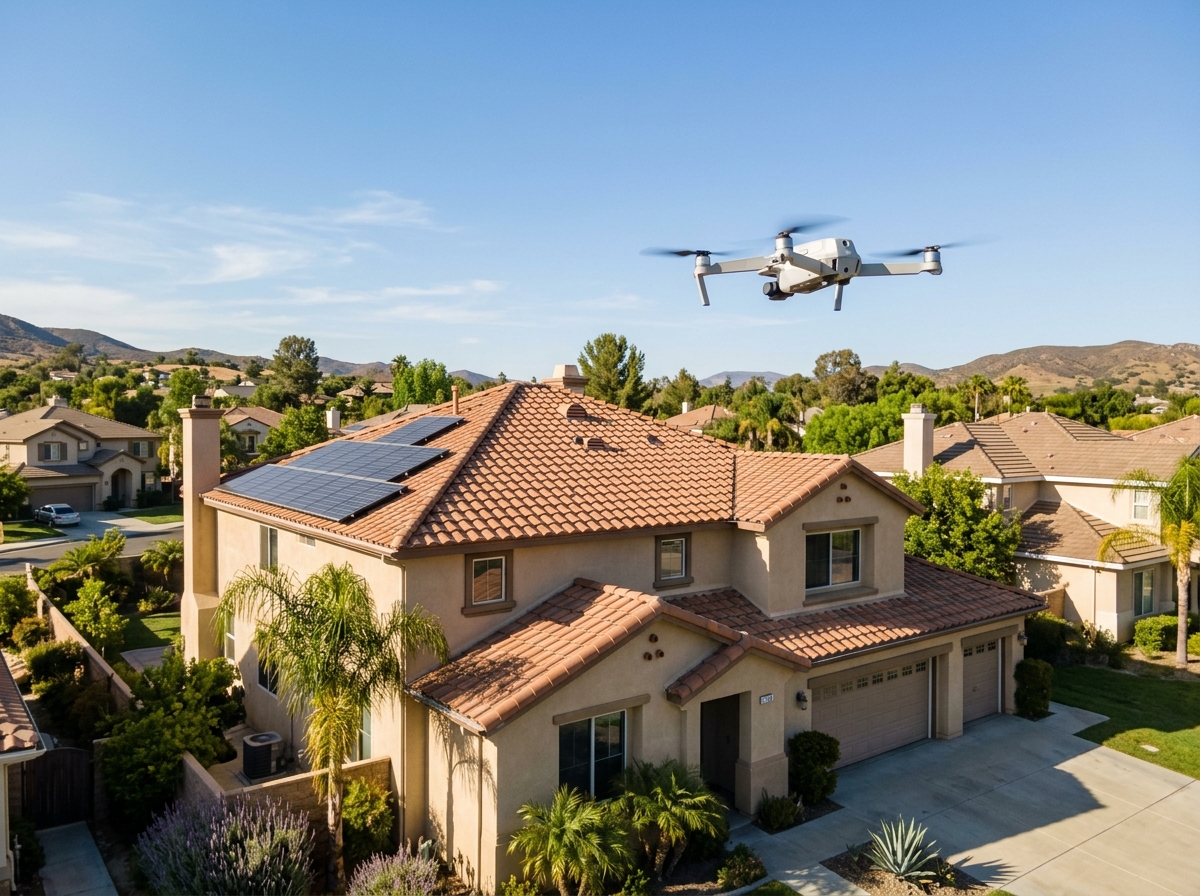 a drone hovering over a two‑story suburban home in Temecula, capturing the roof’s tiled shingles and solar panels under a clear blue sky — Temecula, California