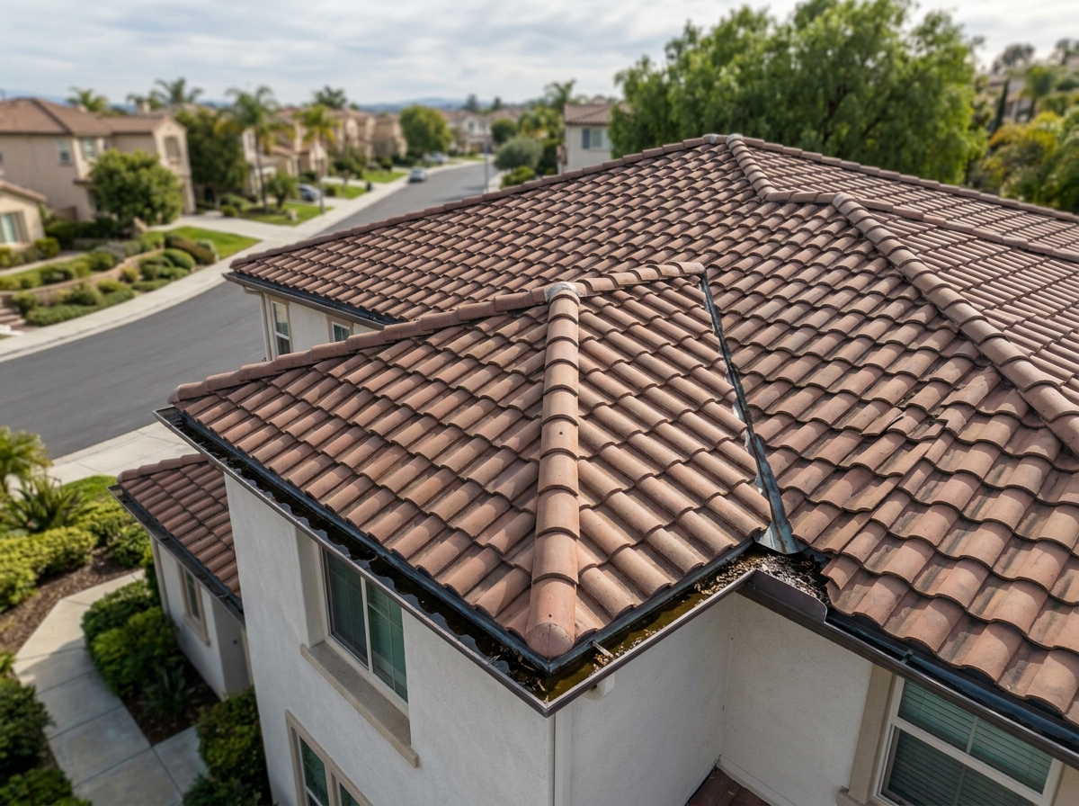 a drone‑captured view of a tiled roof with rain‑filled gutters on a two‑story home in a Temecula suburb — Temecula, California