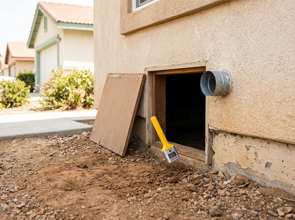 a crawlspace entrance with exposed soil, a moisture meter probe, and a small vent pipe in a Riverside home — Temecula, California