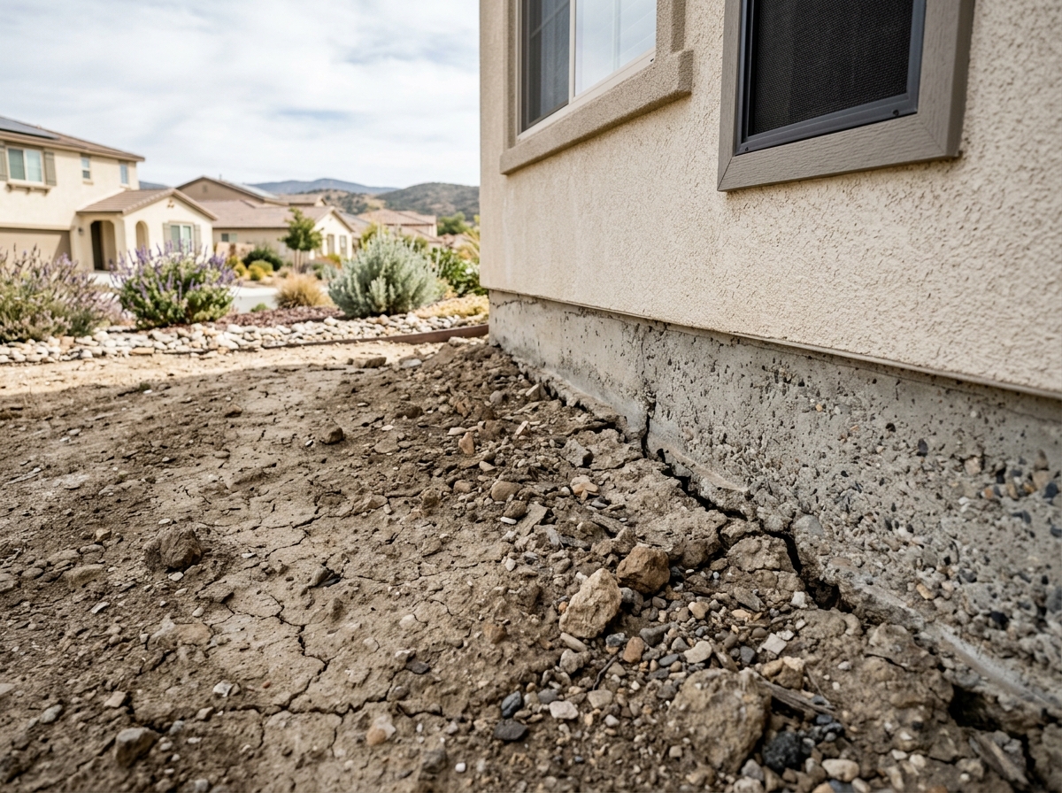 A close-up of rocky, cracked earth and soil near the concrete foundation of a stucco home in San Bernardino, illustrating the geological ground where radon gas
