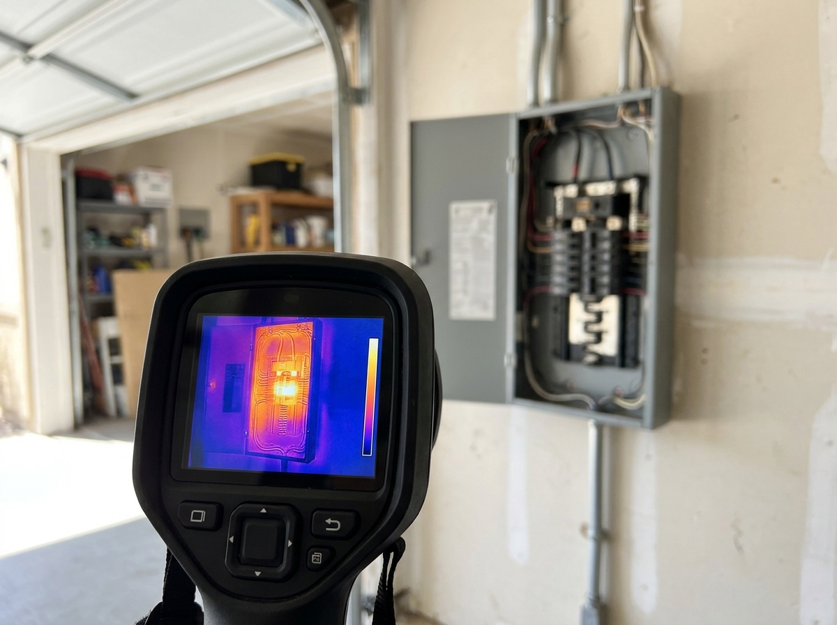 A home inspector's thermal imaging camera pointed at a wall-mounted electrical panel in a garage, with the camera screen showing heat signatures. — Temecula, Ca