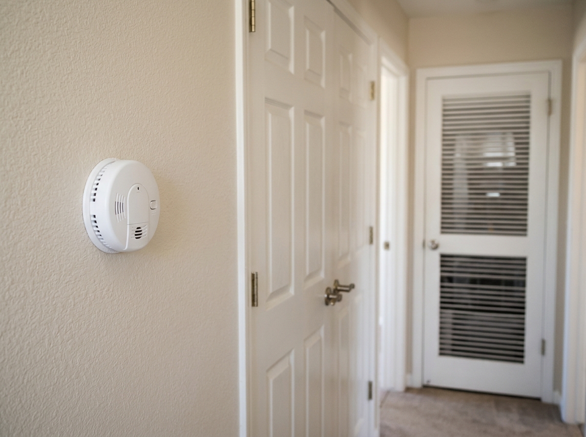 A white carbon monoxide detector mounted on a hallway wall outside a bedroom door in a suburban California home, with a gas furnace closet visible in the backgr