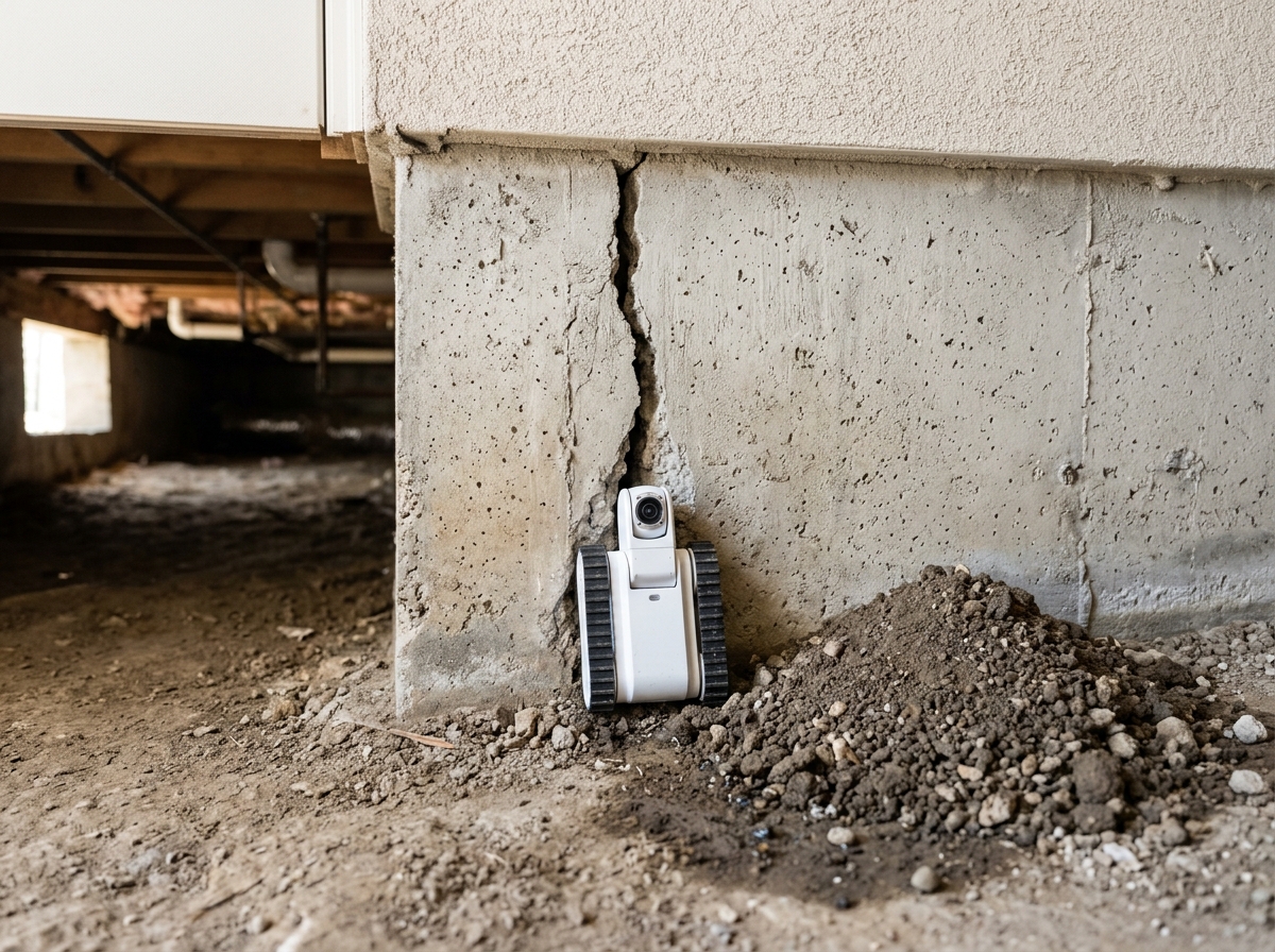 an exposed concrete foundation wall with a visible vertical crack, a small white CrawlBot camera unit positioned in the crack, and a pile of soil beside it — Te