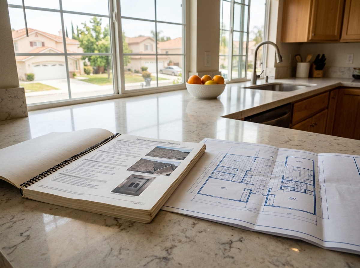 a printed home inspection report spread open on a kitchen countertop beside a folded floor plan, sunlight from a nearby window highlighting the pages — Temecula