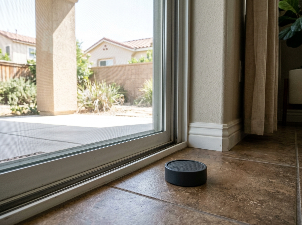 a small passive radon test device sitting on a tile floor in a ground-level living room corner near a sliding glass door — Temecula, California