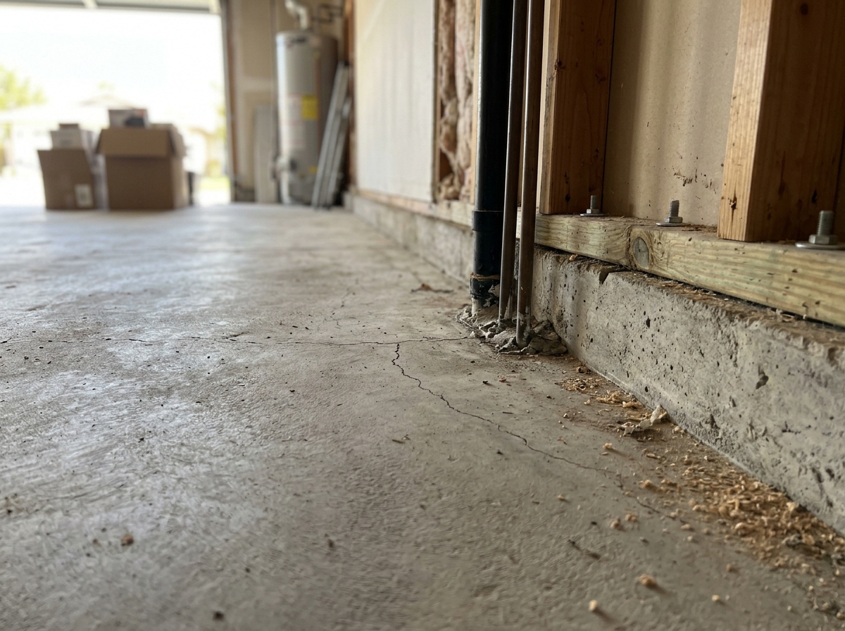 a slab-on-grade residential foundation with visible utility pipe penetrations and hairline cracks in the concrete, viewed from inside an unfinished garage — Tem
