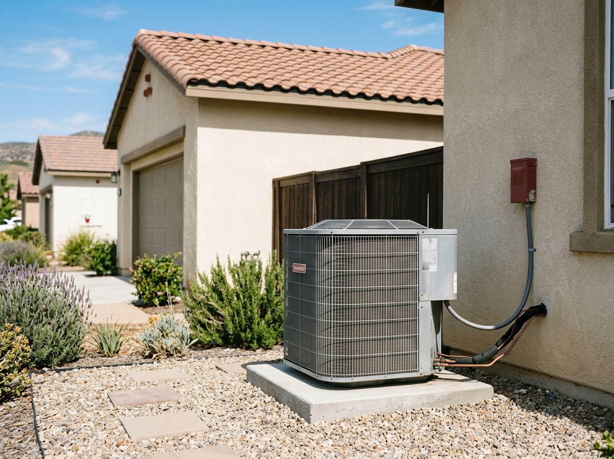 a suburban home in Temecula with the outdoor AC condenser unit visible on a concrete slab under a bright, clear sky, metal label partially visible on the side o