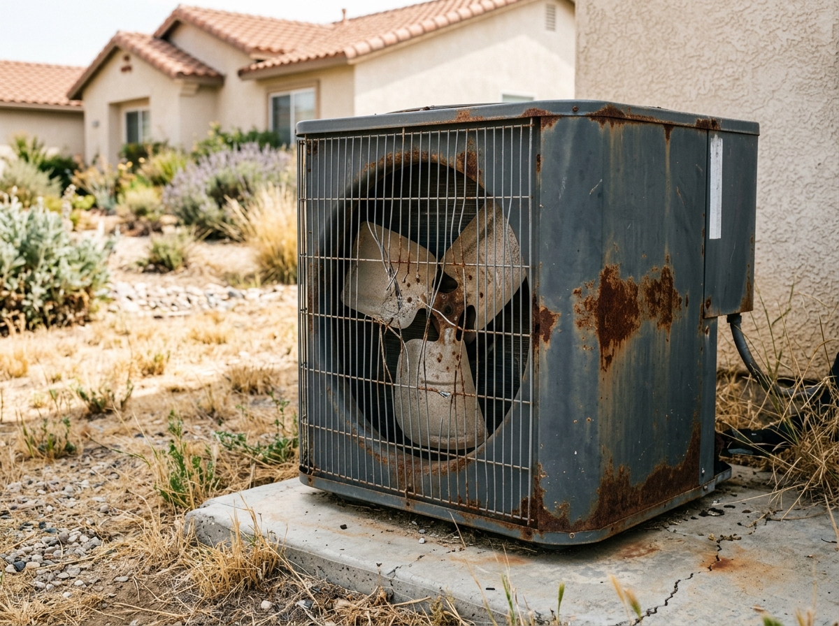 a close‑up view of an AC condenser’s metal cabinet with visible rust patches and a partially torn protective grille, set against a backdrop of a suburban yard w