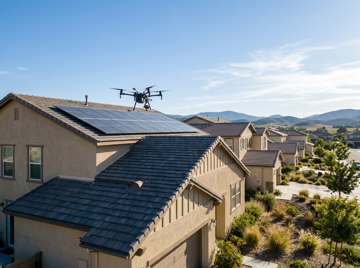 a drone hovering over a suburban home’s roof with solar panels under a clear blue sky in Temecula, California — Temecula, California