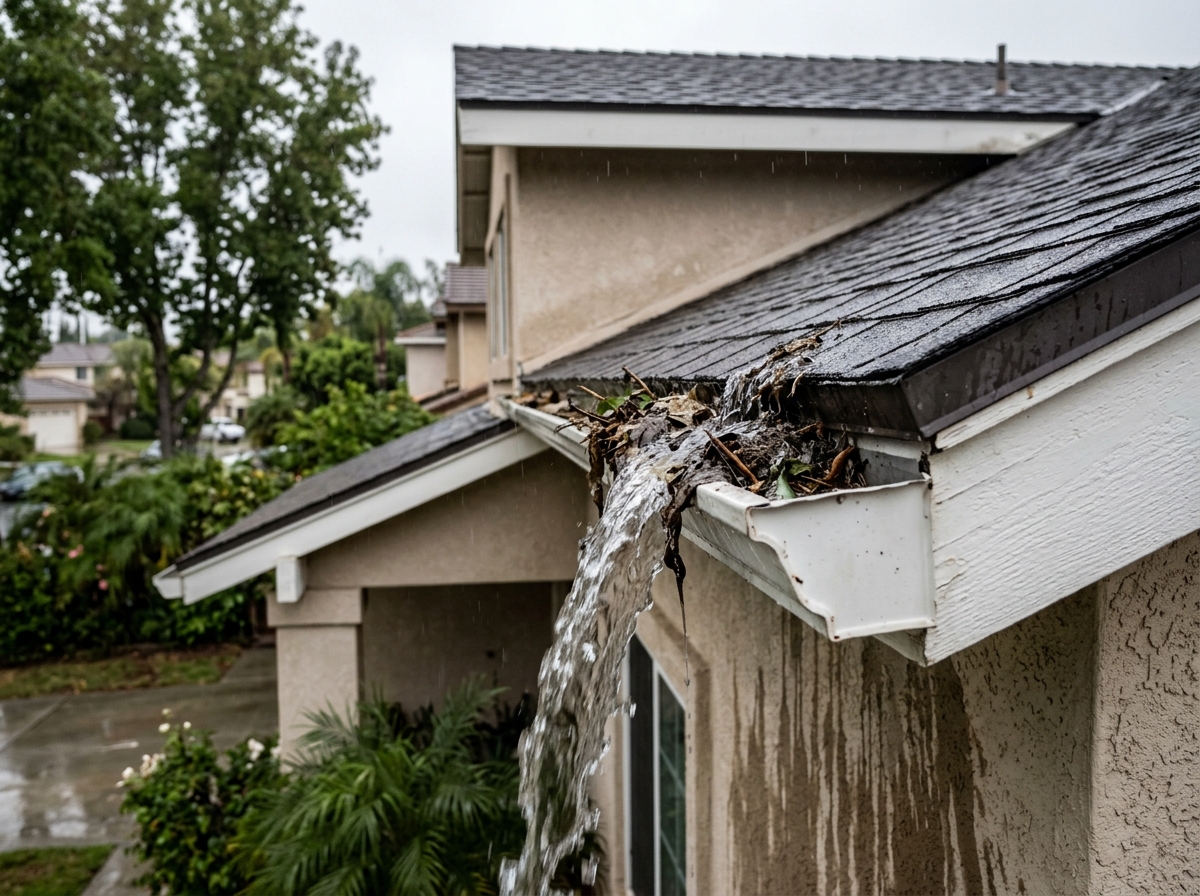 a clogged gutter overflowing in a late summer rain on a two‑story suburban home in a Riverside‑area neighborhood — Temecula, California