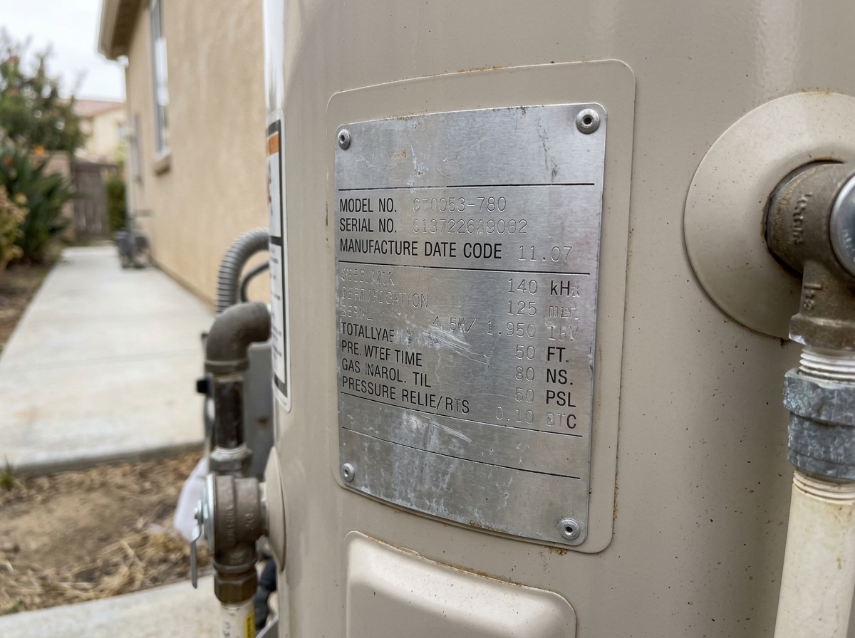 a close‑up of a water heater’s metal data plate showing serial number and date code on a suburban home in Temecula — Temecula, California