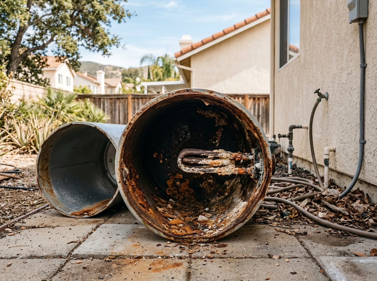 the interior of an opened water heater revealing rust and mineral buildup, captured in a backyard of an Orange County home — Temecula, California