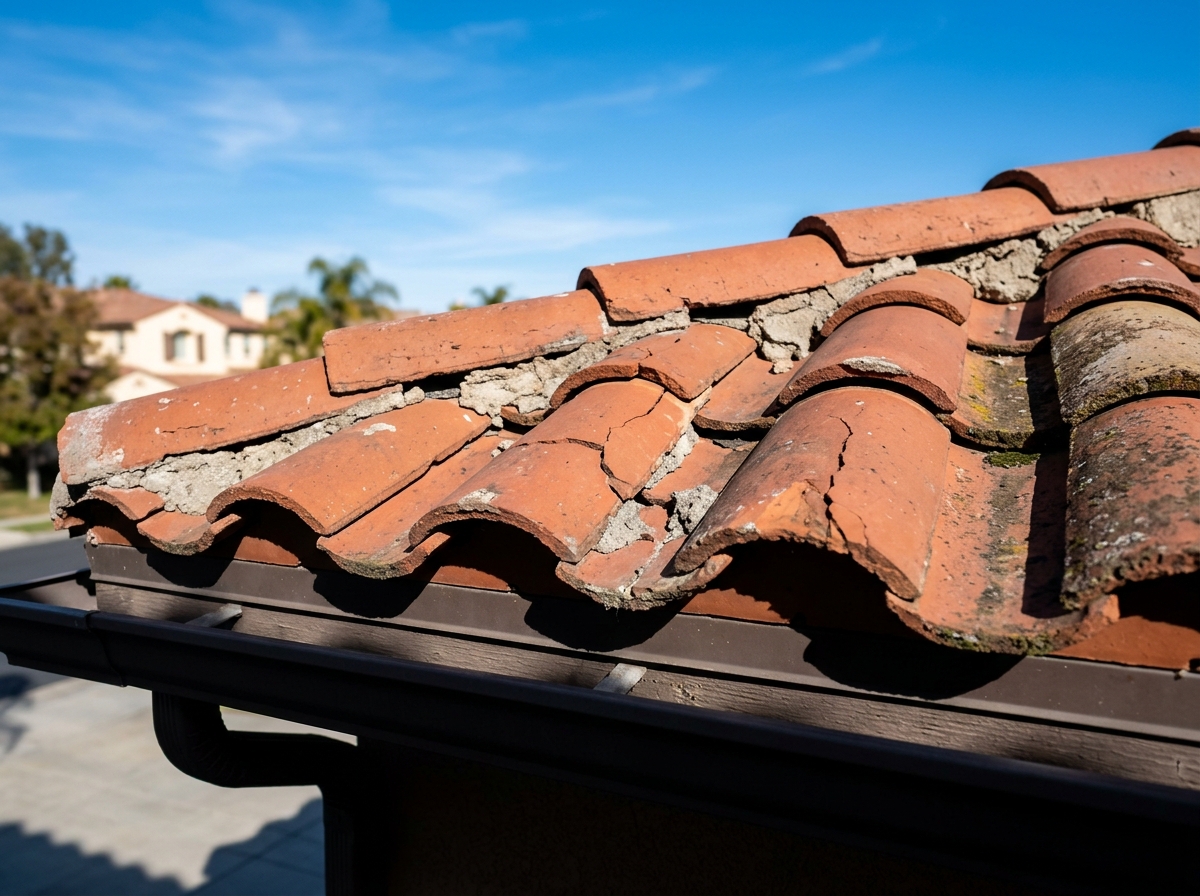 A close-up view of cracked and weathered red clay roof tiles with patches of missing mortar, surrounded by blue sky and the shadow of the roof eave. — Temecula,